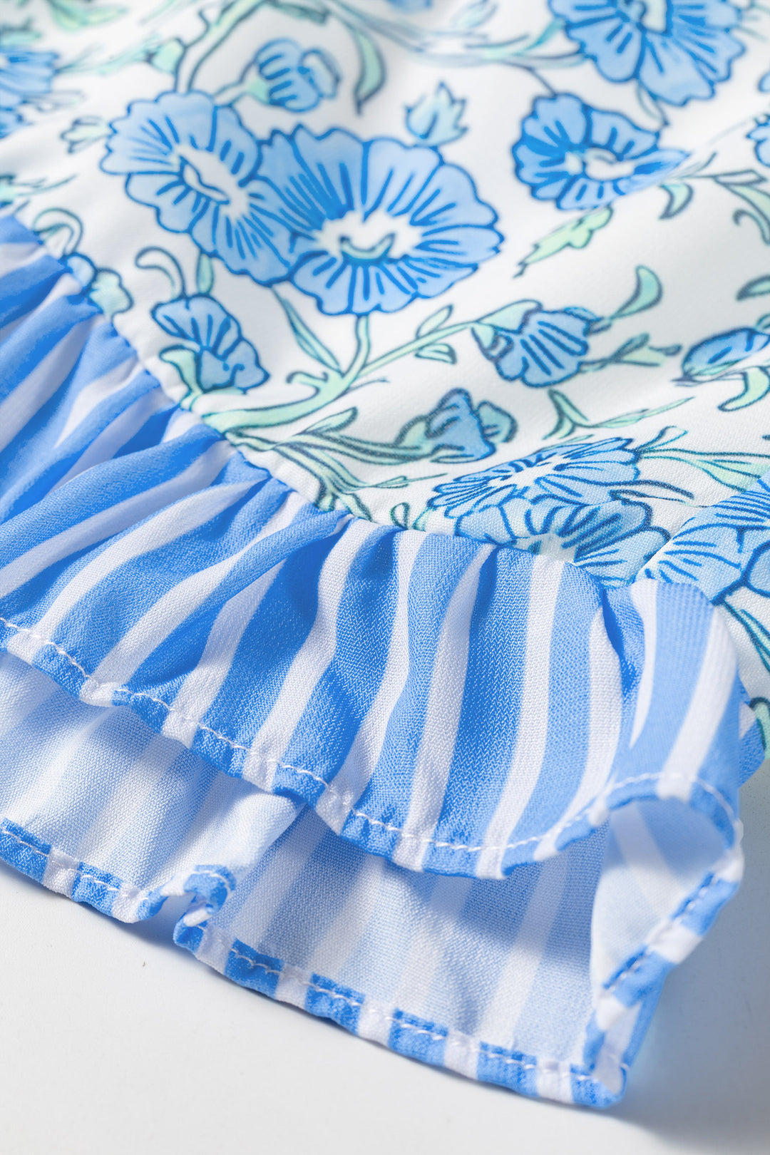 Sky Blue Summer Floral Striped Ruffle Hem Lace Tie Shorts