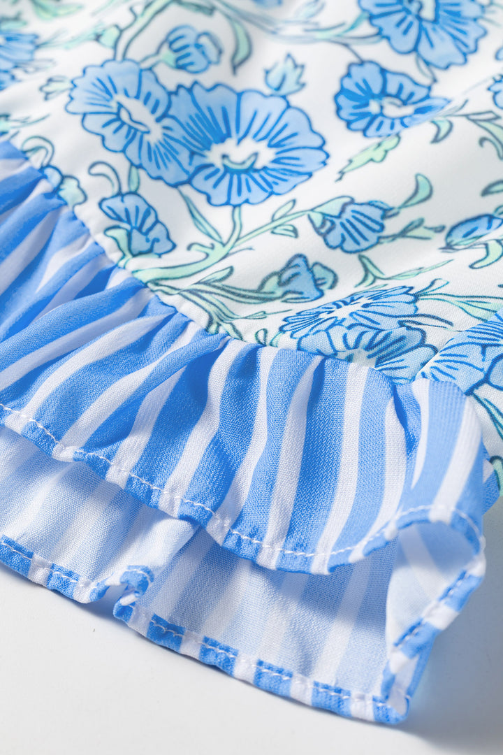 Sky Blue Summer Floral Striped Ruffle Hem Lace Tie Shorts