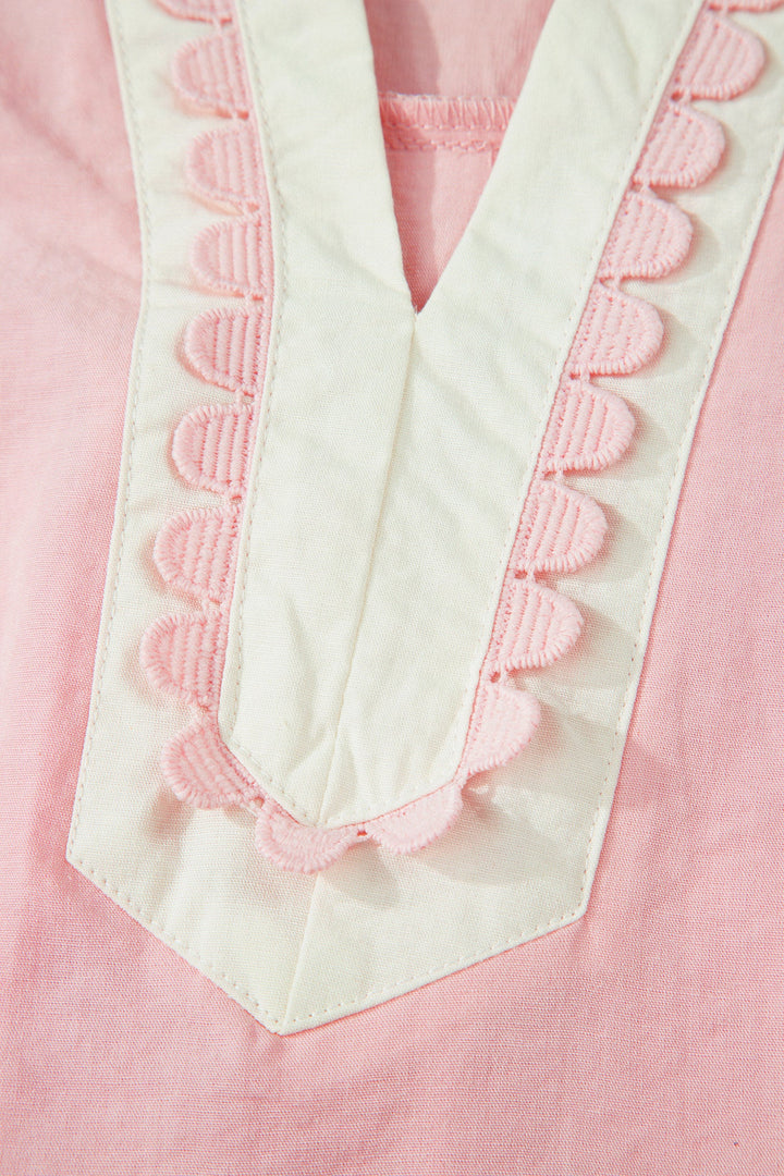 Light Pink Scallop Color Block Trim Puff Sleeve Mini Dress