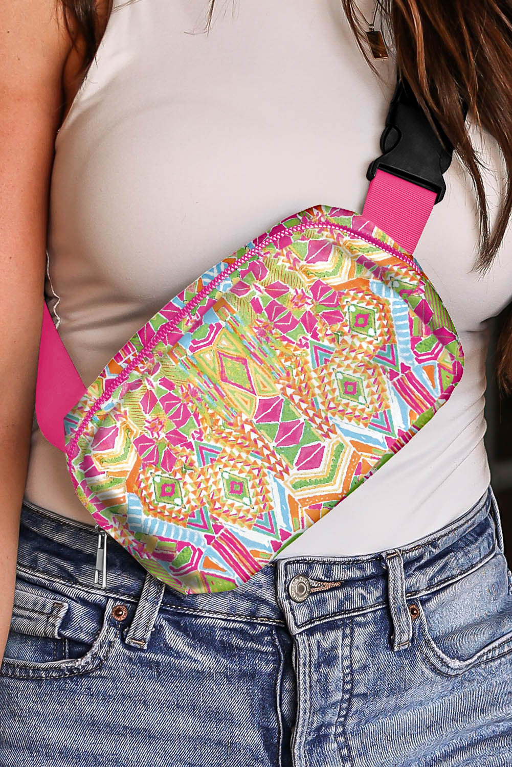Western Print Buckle Wide Belt Chest Bag