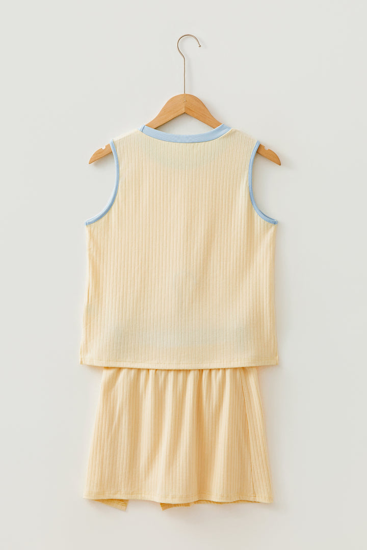 Yellow Contrast Trim Ribbed Tank Split Skort 2pcs Set
