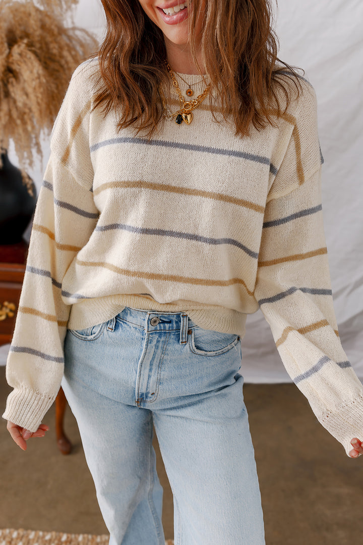 Striped Ribbed Edge Drop Shoulder Sweater
