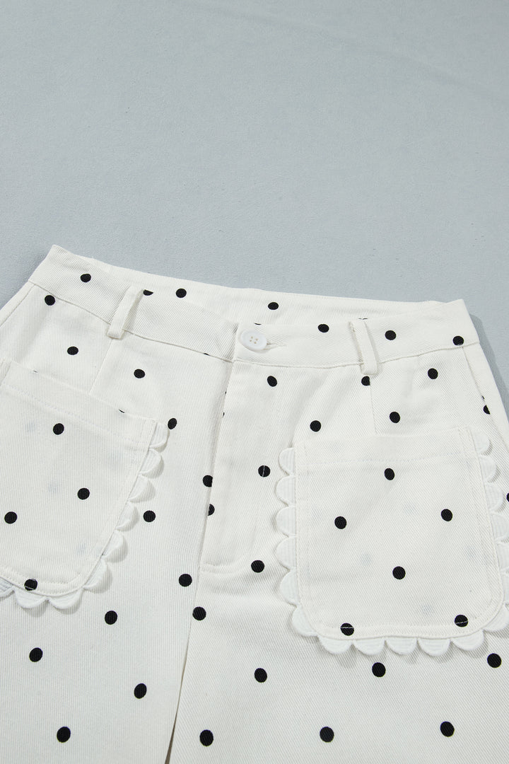 White Polka Dot Print Scalloped Patch Pocket Cotton Shift Pants