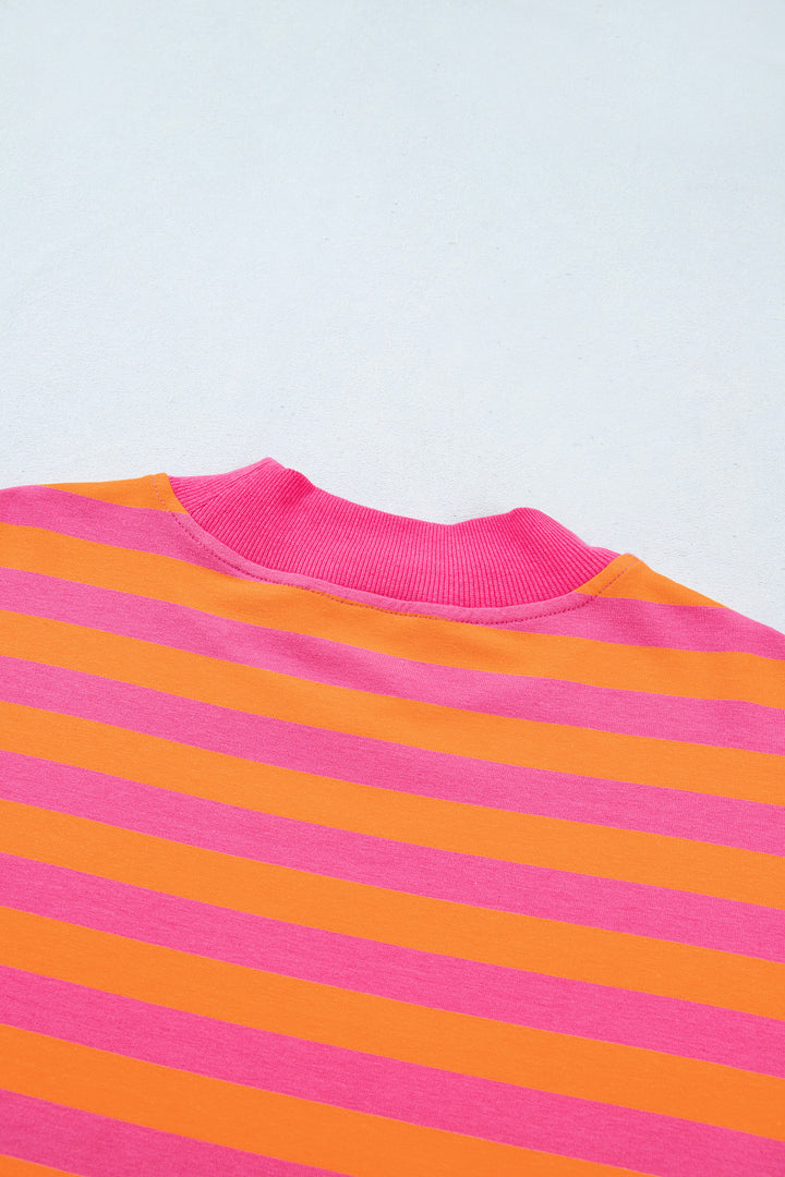 Orange Stripe Color Block Patchwork Mock Neck Pullover Drawstring Mini Skort Set