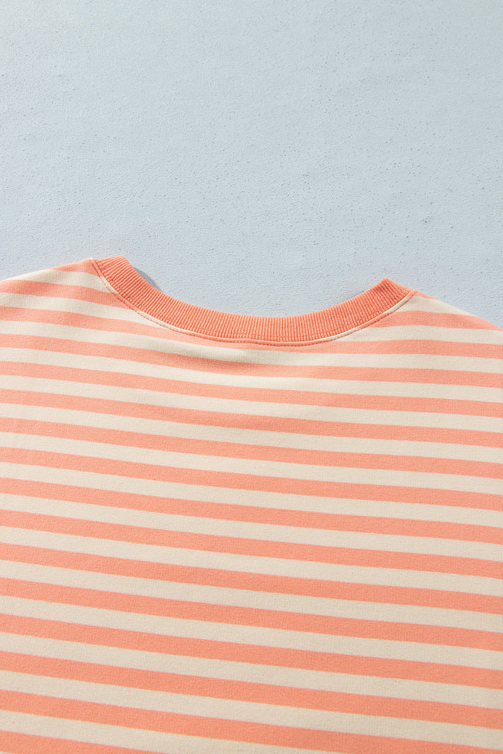 Grapefruit Orange Drop Shoulder Long Sleeve Pullover Elastic Waist Casual Short Set