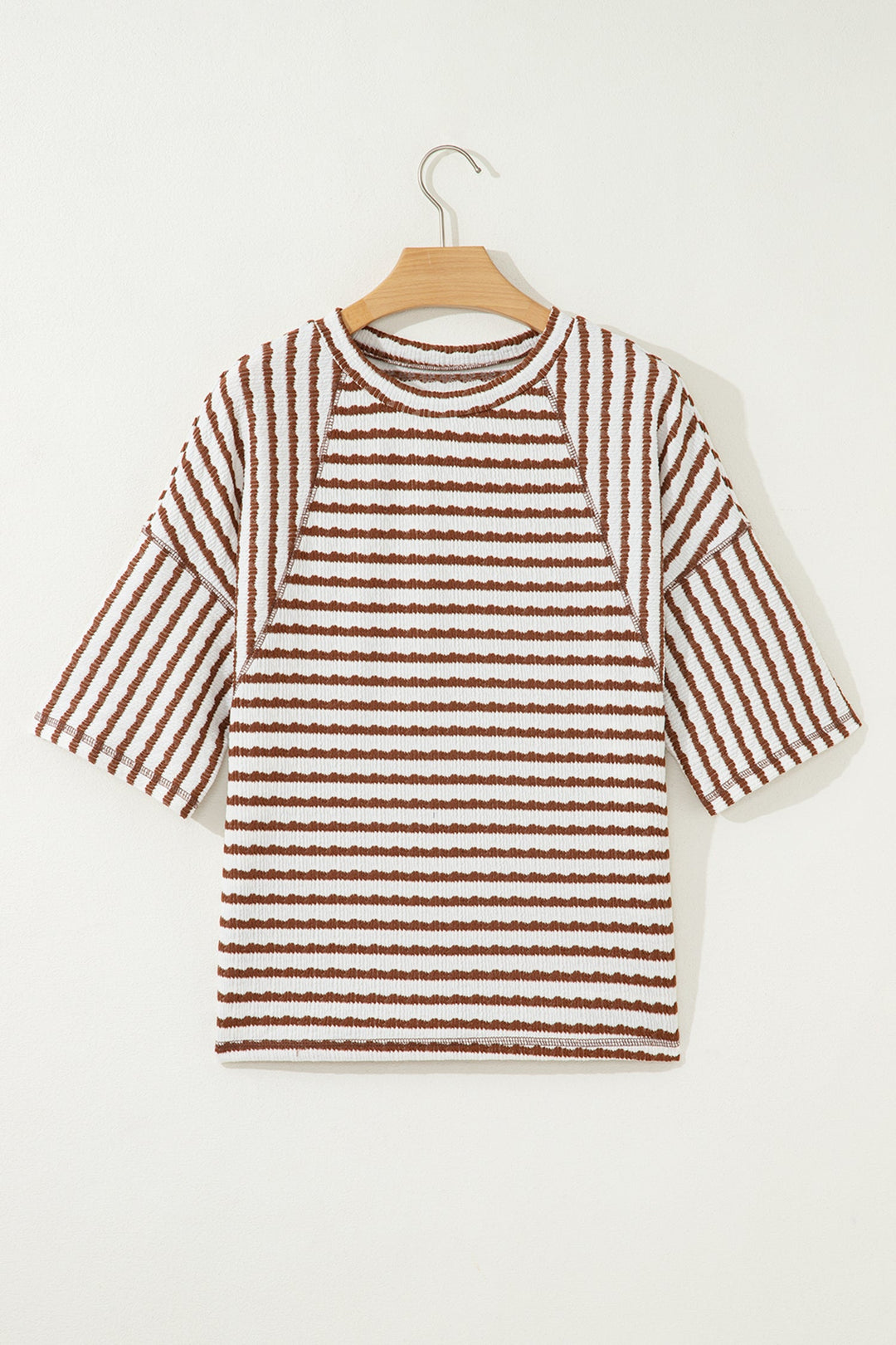 Brown Stripe Textured Knit Split Hem Half Sleeve Loose Top