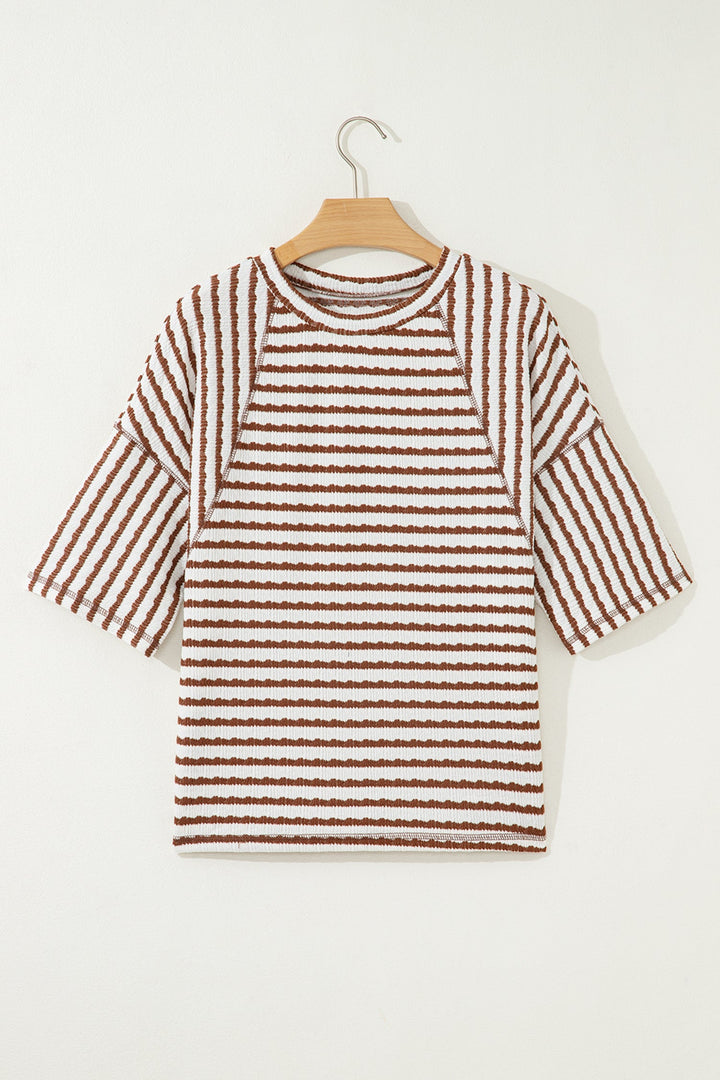 Brown Stripe Textured Knit Split Hem Half Sleeve Loose Top