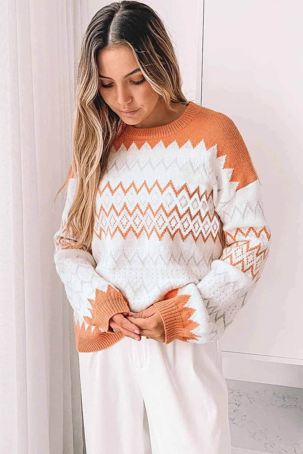 Zigzag Geometric Pattern Knitted Pullover Sweater