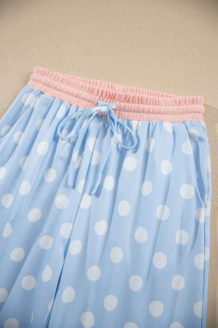 Sky Blue Polka Dot Contrast Trim Long Sleeve Top Drawstring Shift Pants Set