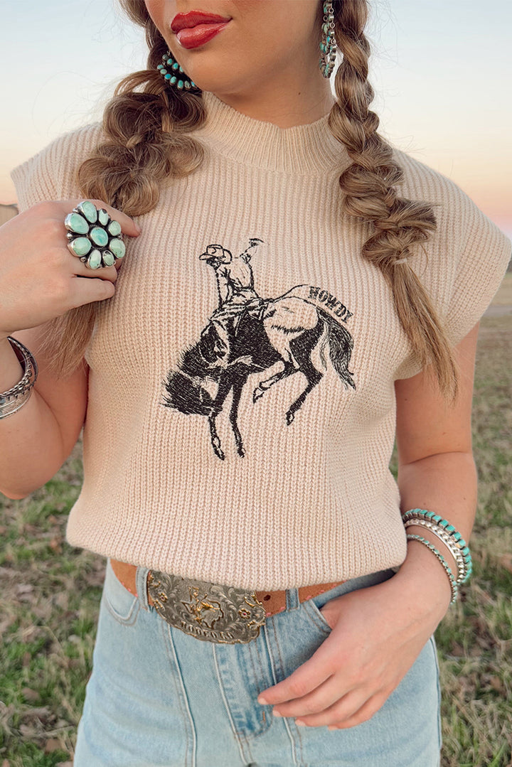HOWDY Rodeo Cowboy Graphic High Neck Short Sleeve Sweater