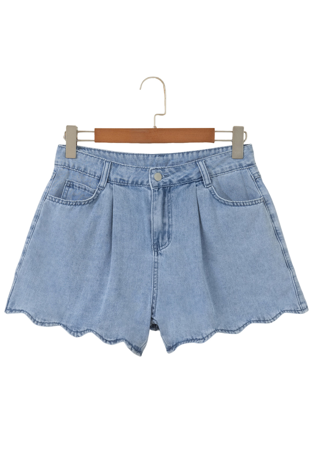 Myosotis Solid Color Scalloped Trim Casual Denim Shorts