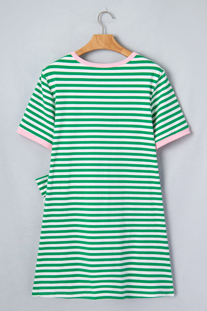 Green Stripe Nautical Tie Contrast Trim Round Neck T Shirt Mini Dress