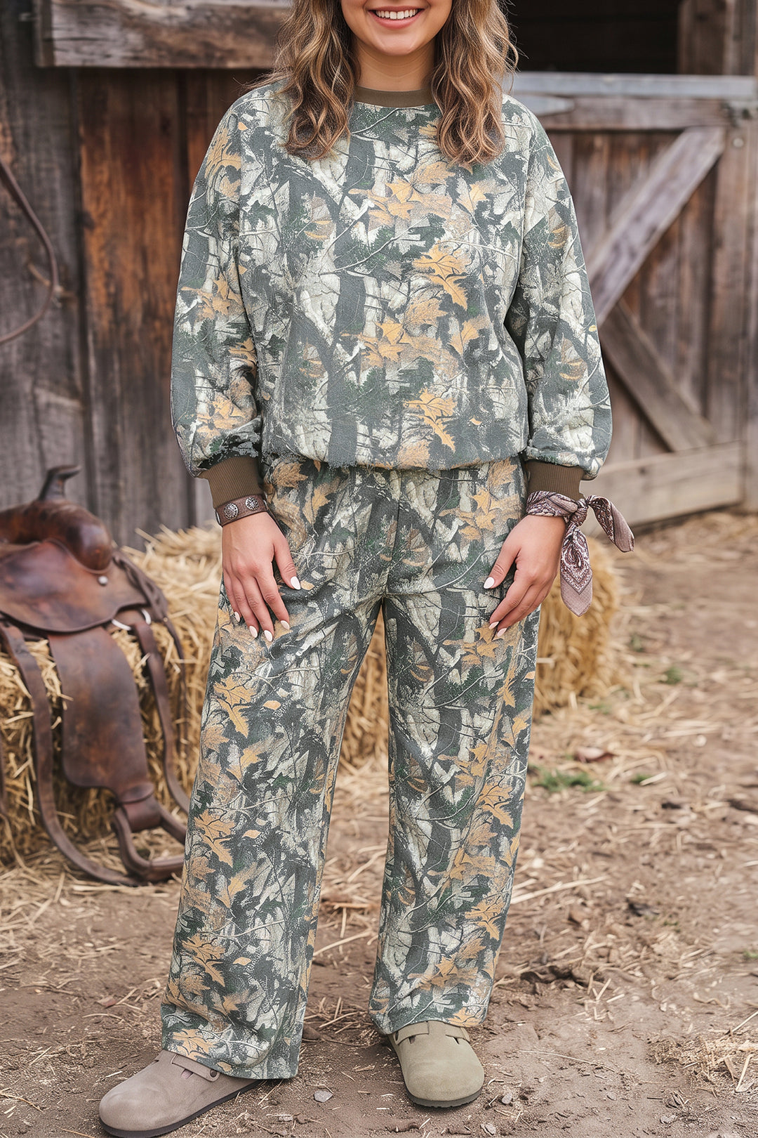 Brown Jungle Camouflage Print Long Sleeve Top Plus Size Pant Set