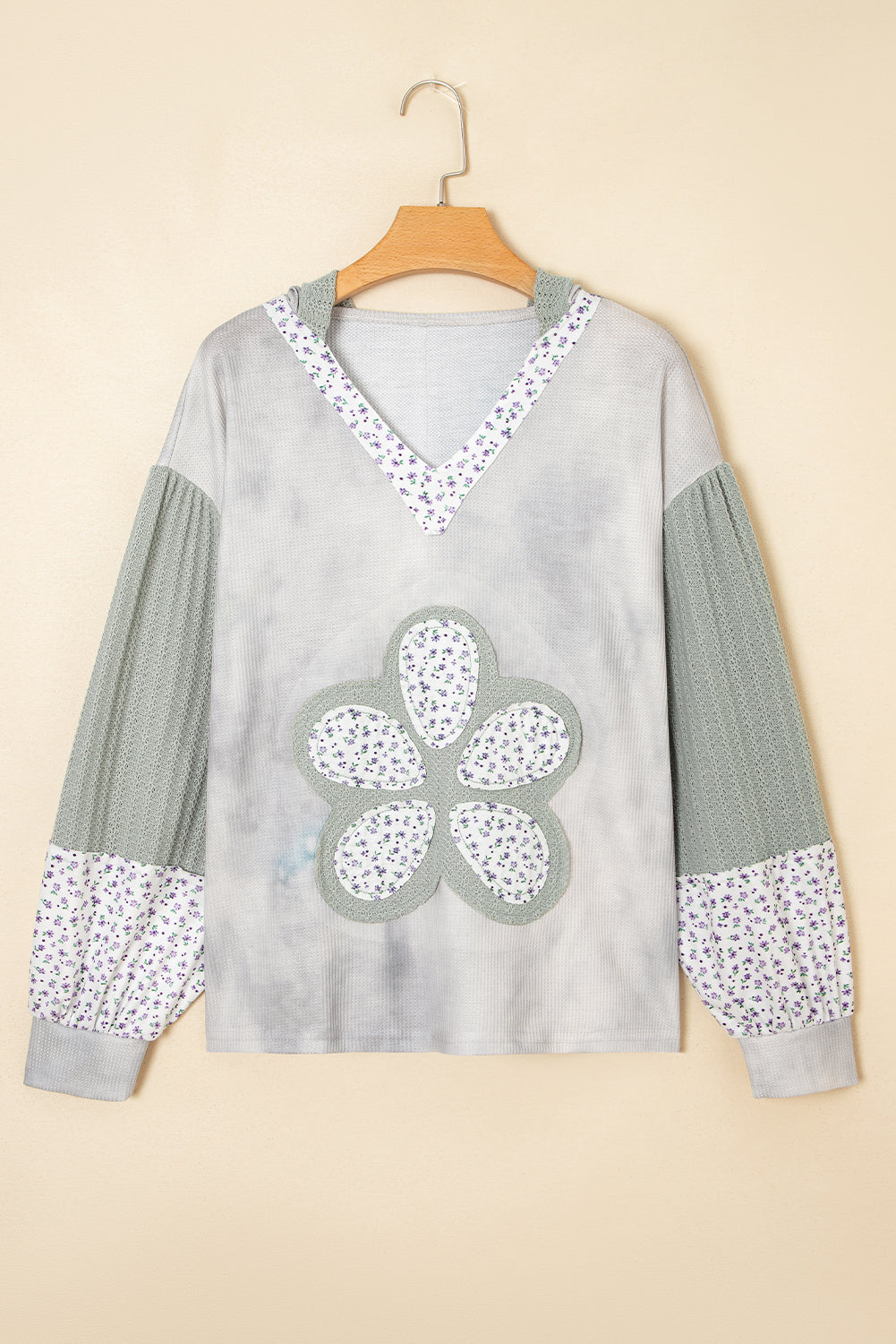 Floral Patched Waffle Textured Colorblock V Neck Casual Hooded Top