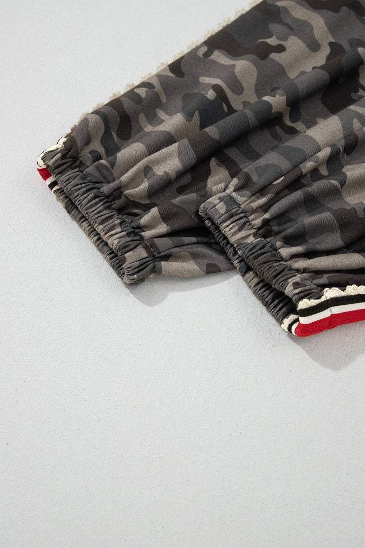 Green Camouflage Print Striped Side Panel Patchwork Drawstring Pants