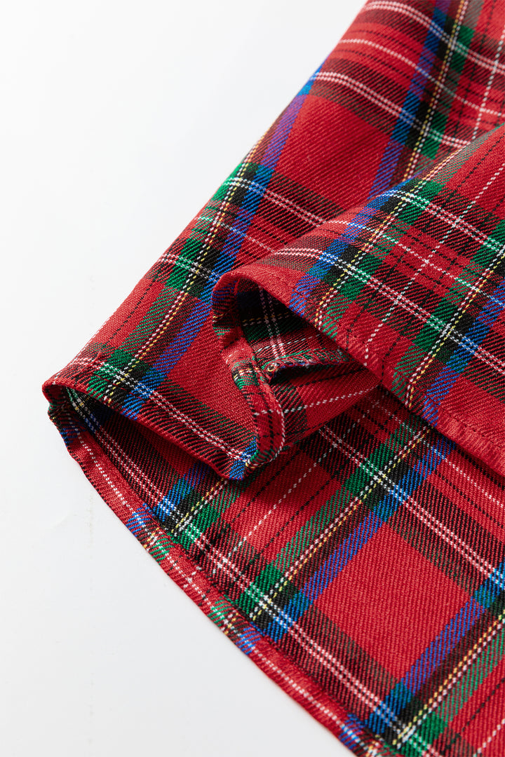 Red Plaid Print Contrast Trim V Neck Short Sleeve Blouse