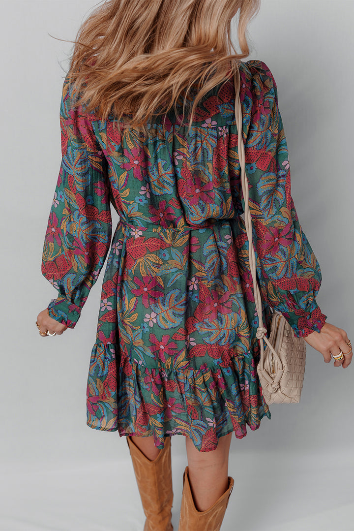 Floral Friled V Neck Puff Sleeve Ruffled Shirt Dress