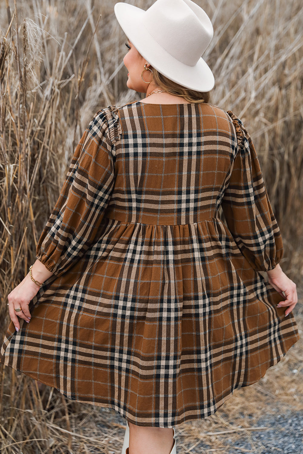 Chic Plaid V Neck Plus Size Babydoll Dress – ModeShe