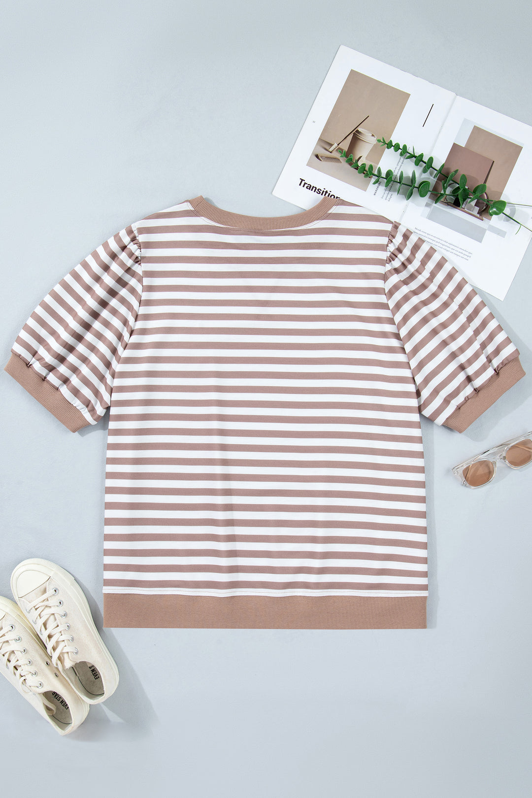 Orange Stripe Ribbed Trim Round Neck Short Puff Sleeve Plus T Shirt