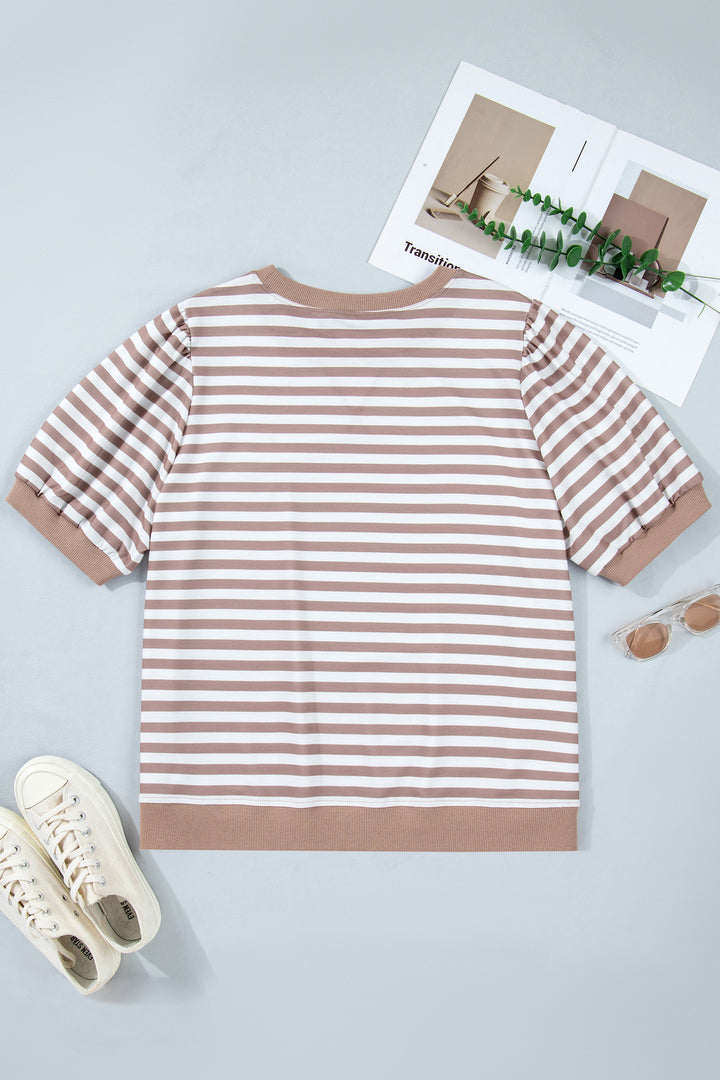 Orange Stripe Ribbed Trim Round Neck Short Puff Sleeve Plus T Shirt