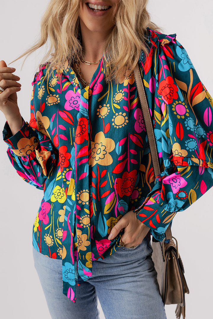 Floral Knot Split Neck Puff Sleeve Blouse