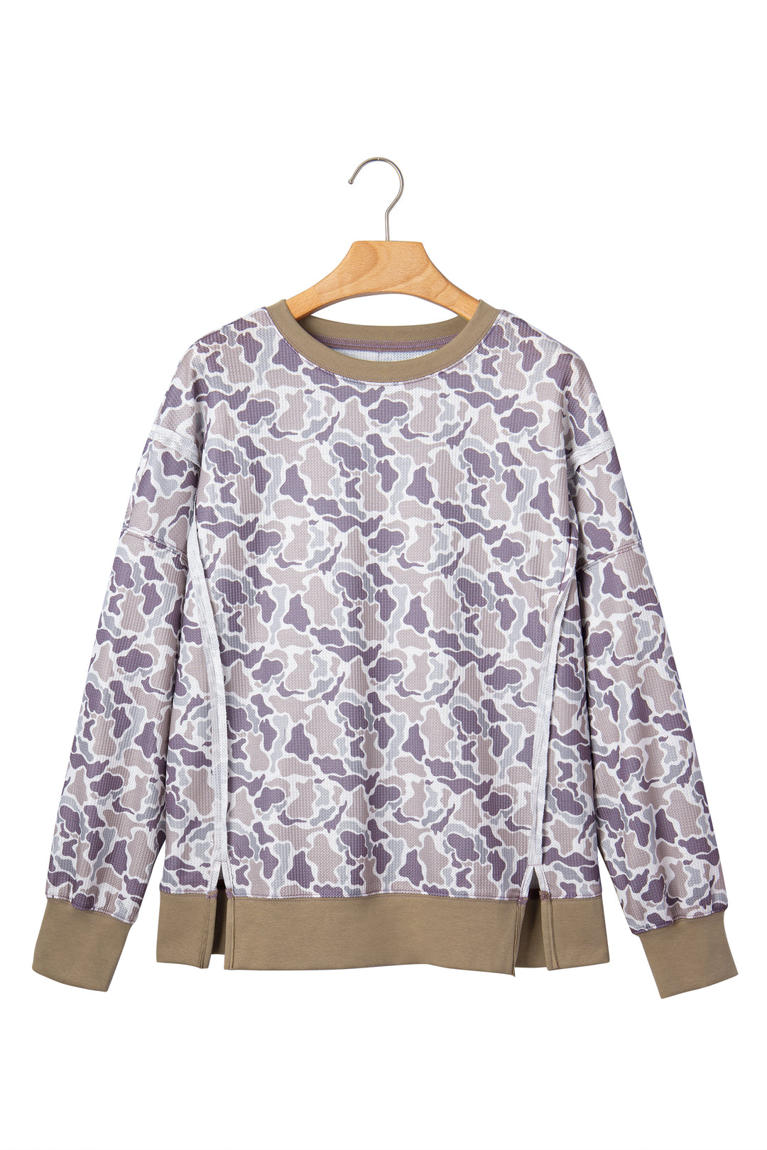 Khaki Camouflage Print Textured Knit Color Block Trim Long Sleeve Top