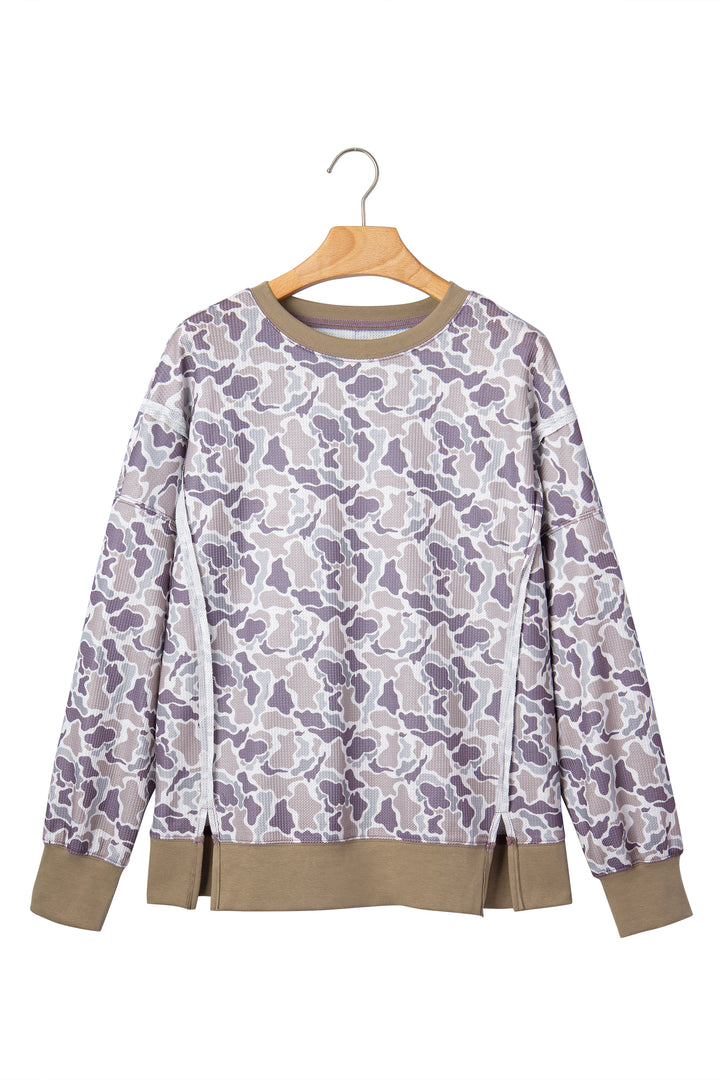 Khaki Camouflage Print Textured Knit Color Block Trim Long Sleeve Top