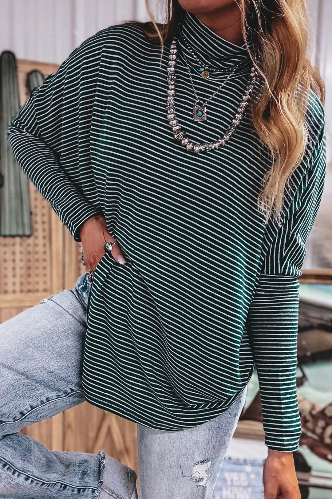 Green Stripe High Neck Dropped Shoulder Long Sleeve Casual Top