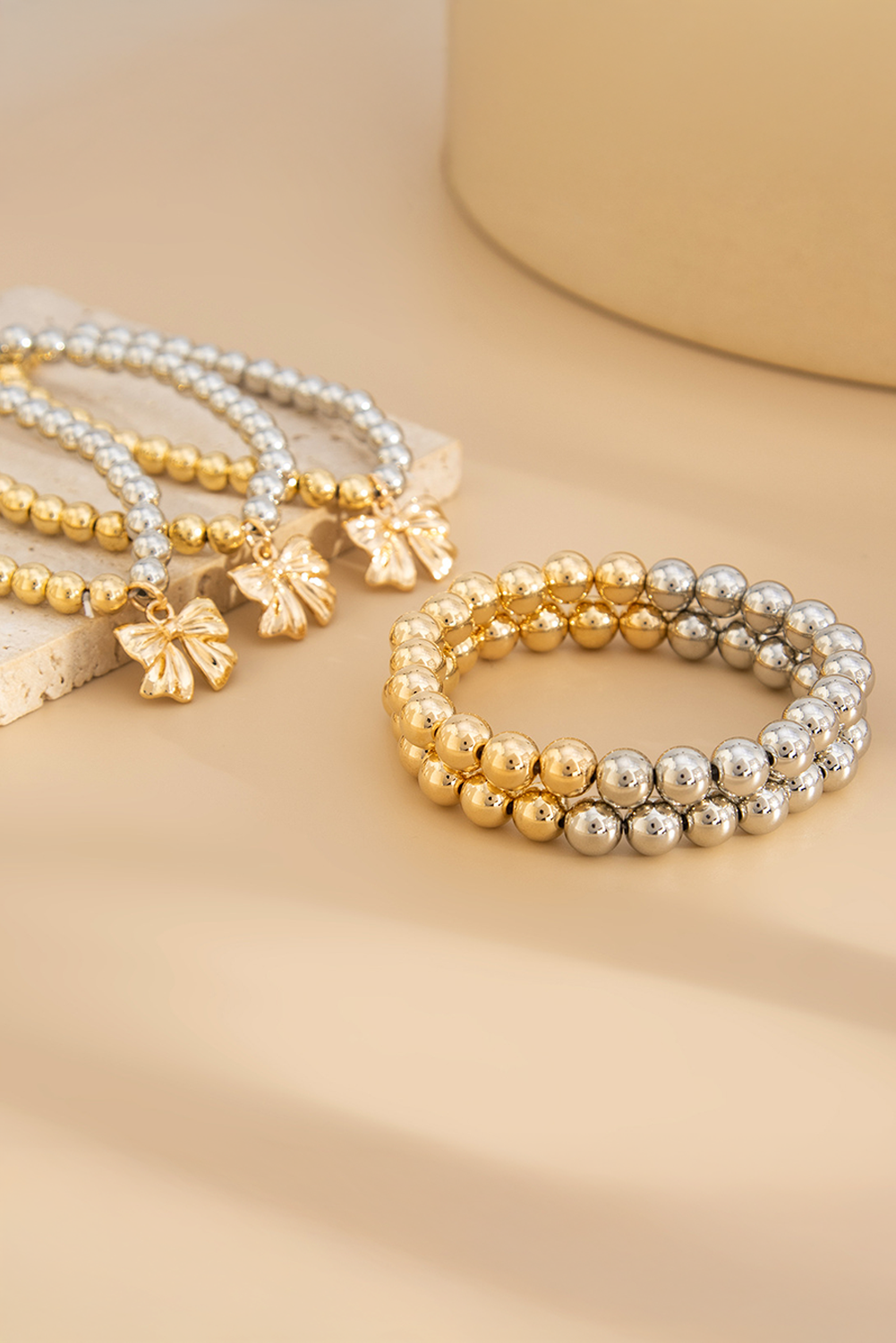 Bowknot Charm Color Block Beaded Bracelet Set