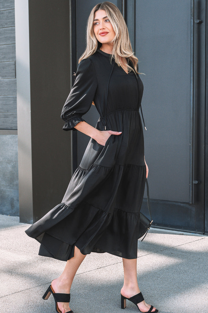 Flounced Bracelet Sleeve V Neck Tiered Maxi Dress