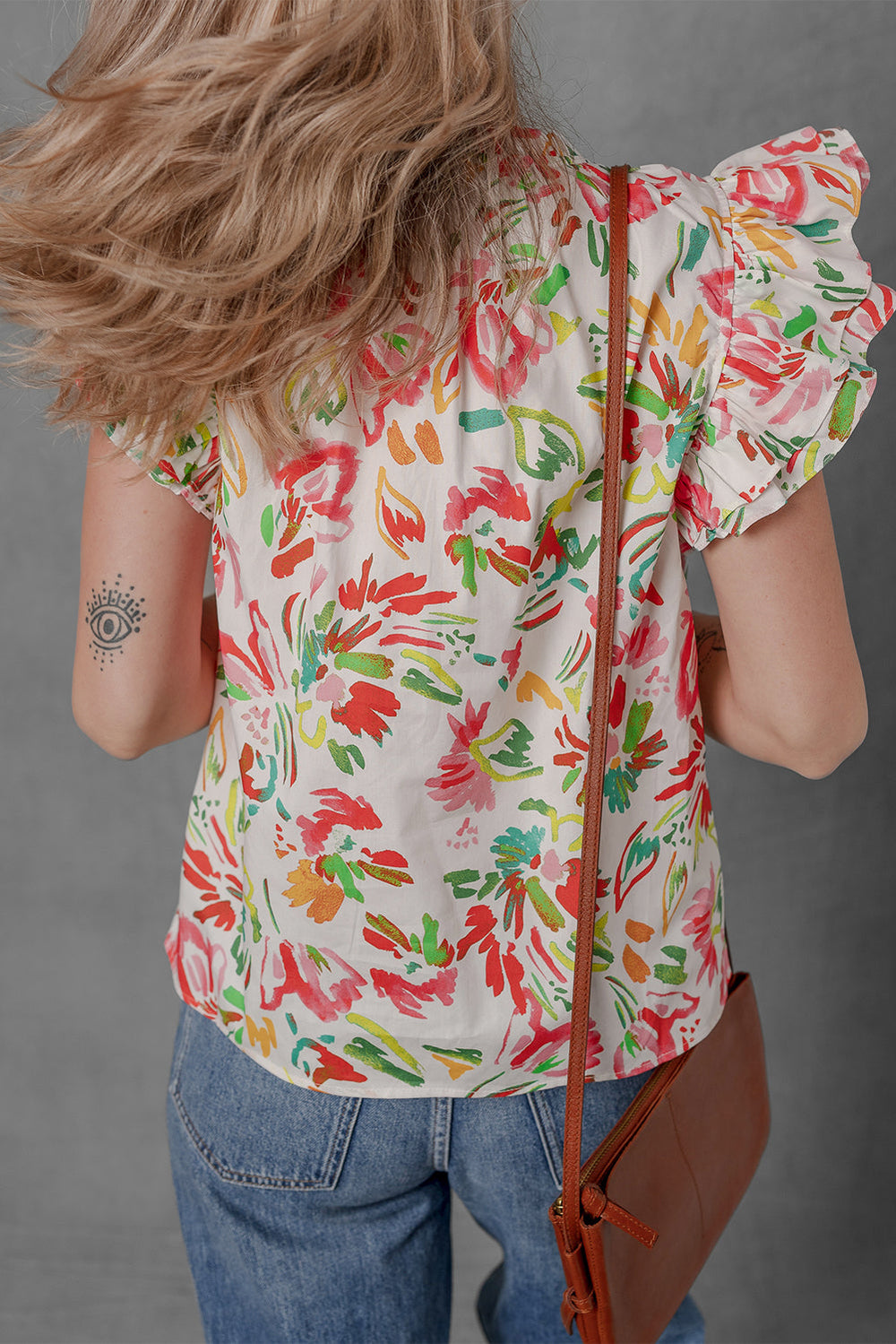 allover floral printed flutter sleeve split neck blouse