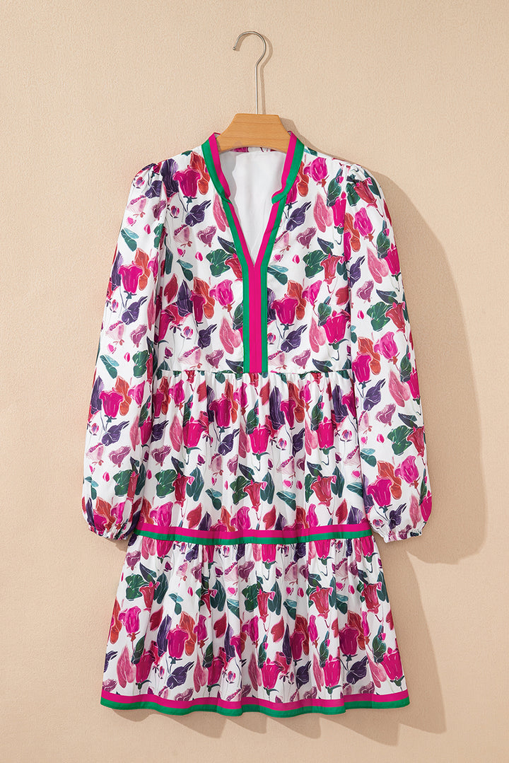 Floral Print Contrast Striped Detail Long Sleeve Mini Dress