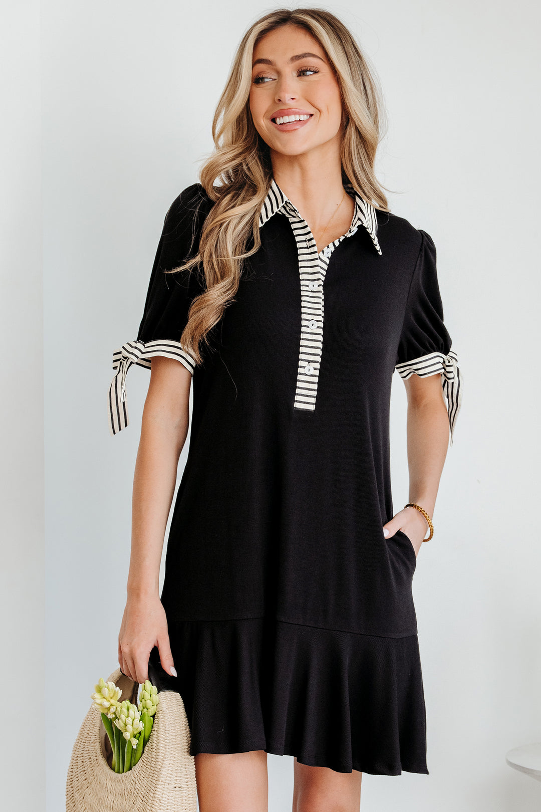 Stripe Detail Polo Collar Half Buttons Tied Short Sleeve Shift Mini Dress