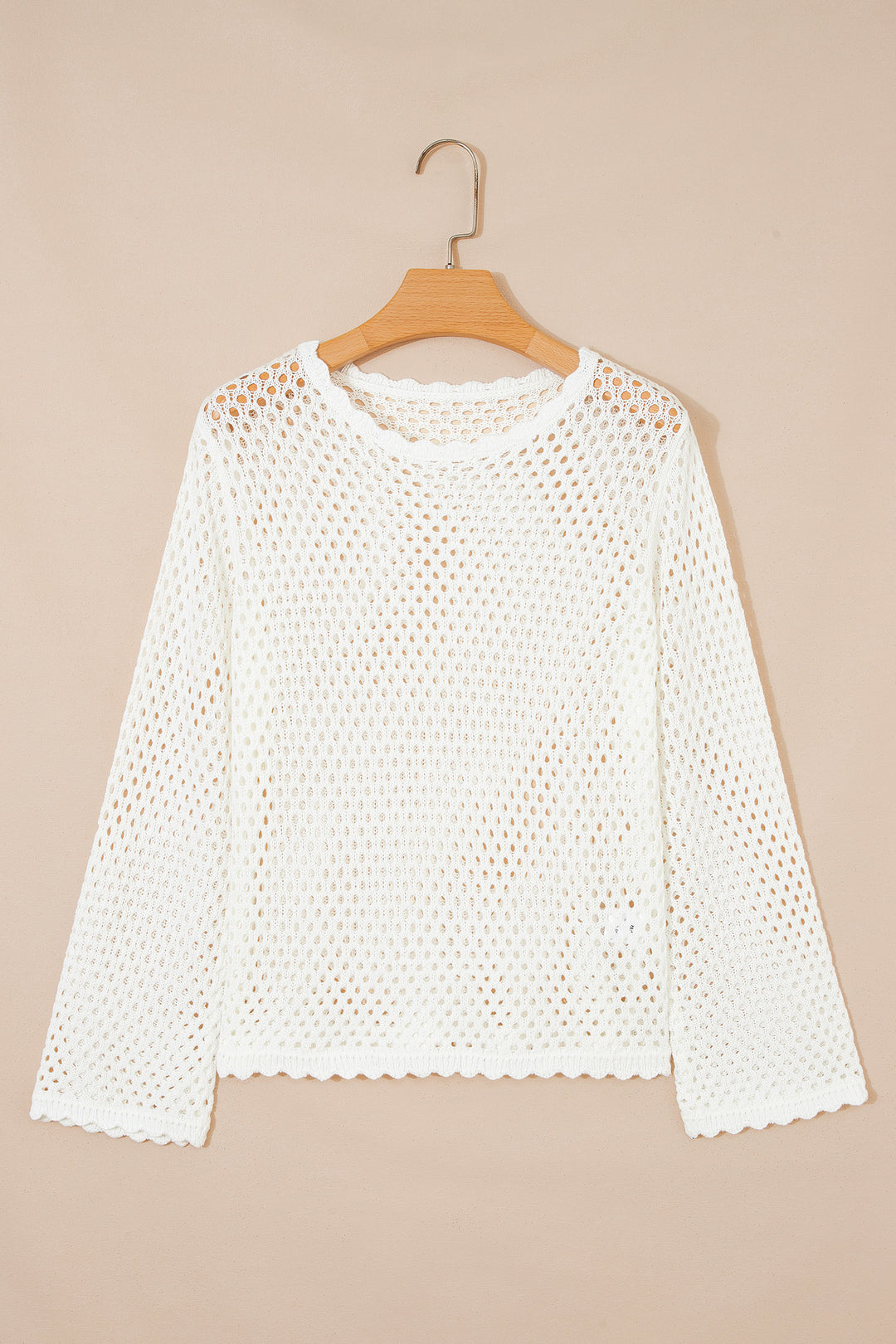 White Scalloped Trim Hollow Out Knit Long Sleeve Top