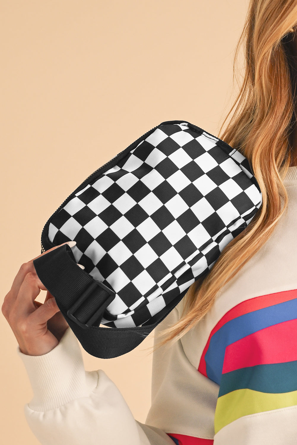Checkered Print Buckle Wide Belt Crossbody Bag