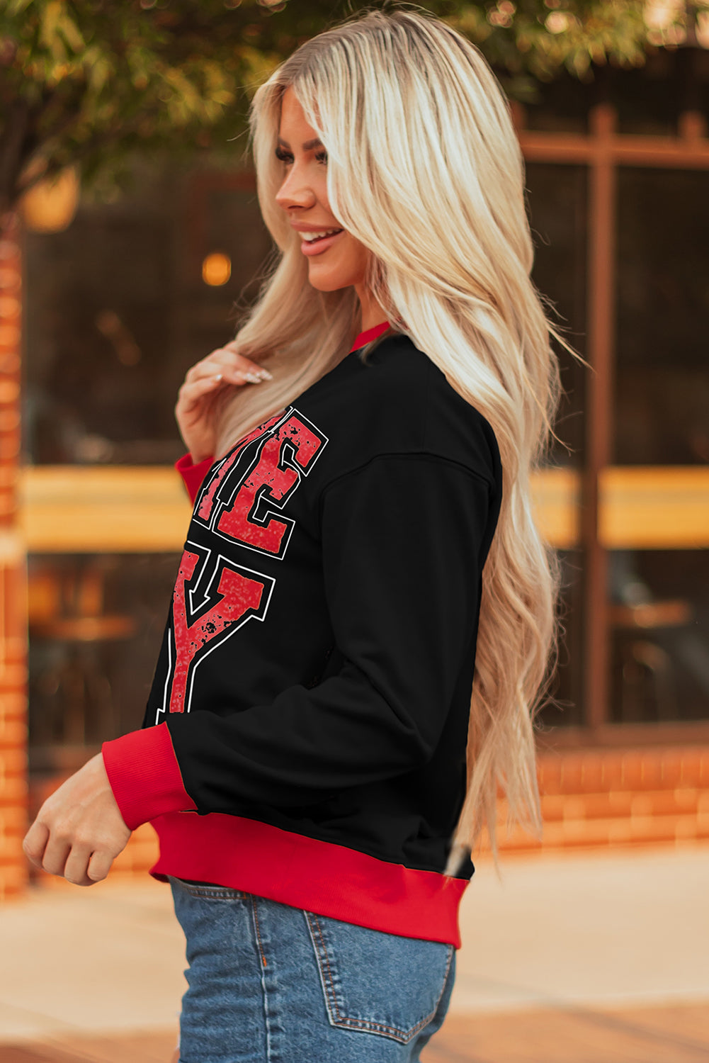 GAME DAY Letter Graphic Varsity Striped Detail Baggy Sweatshirt
