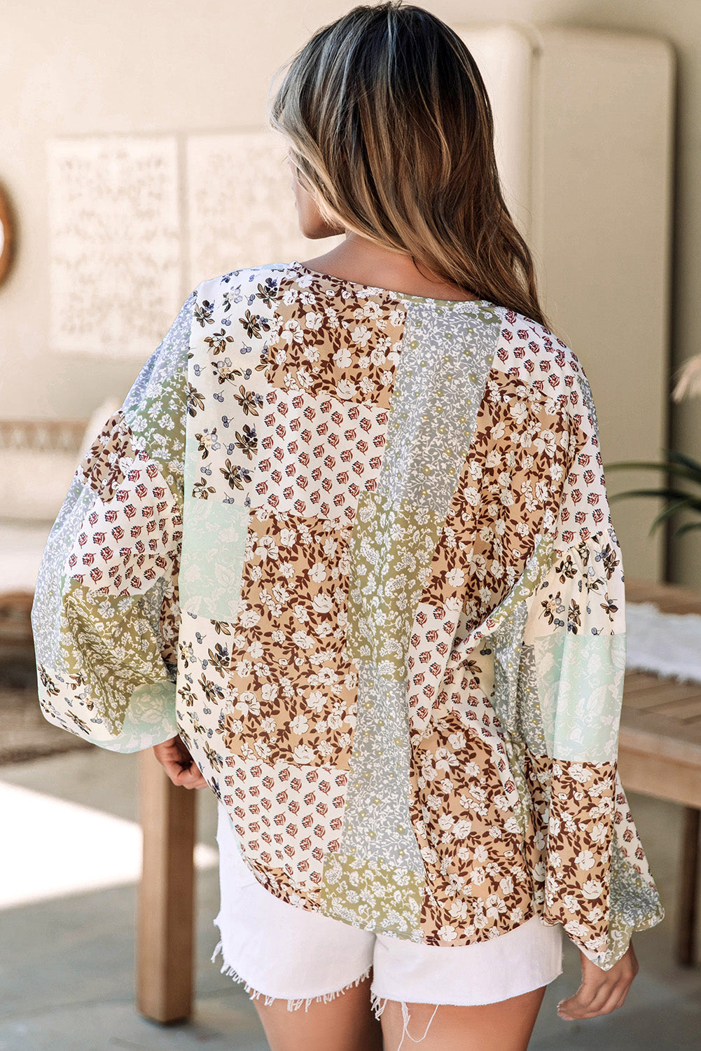 Floral Patchwork Print Long Puff Sleeve Shirt
