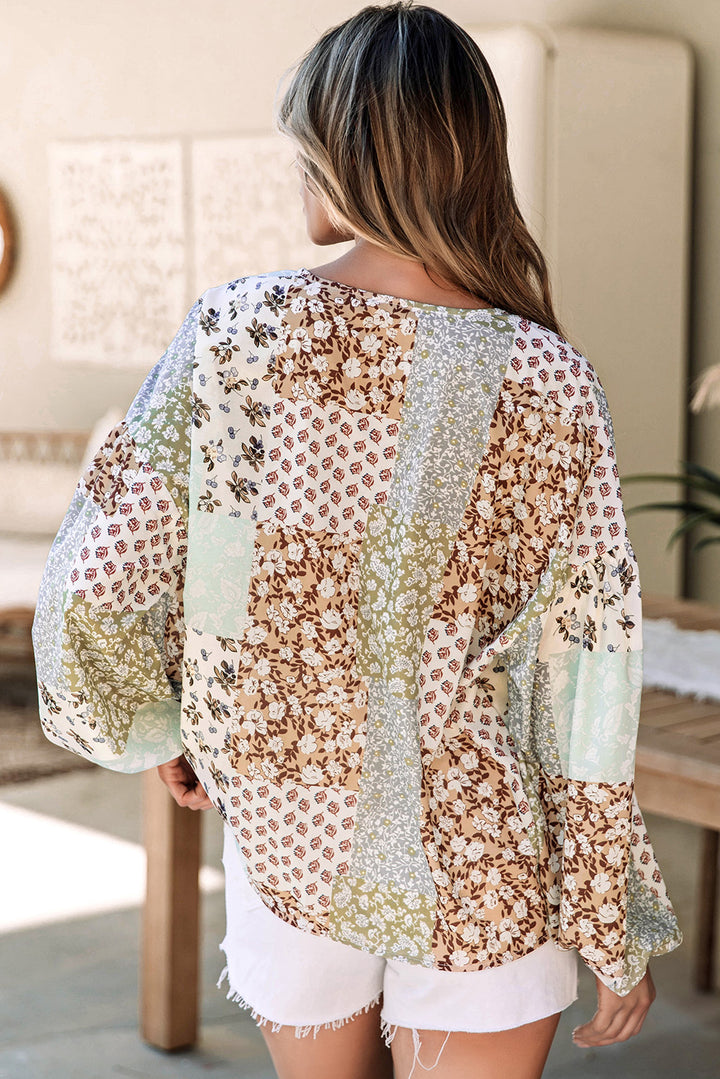 Floral Patchwork Print Long Puff Sleeve Shirt