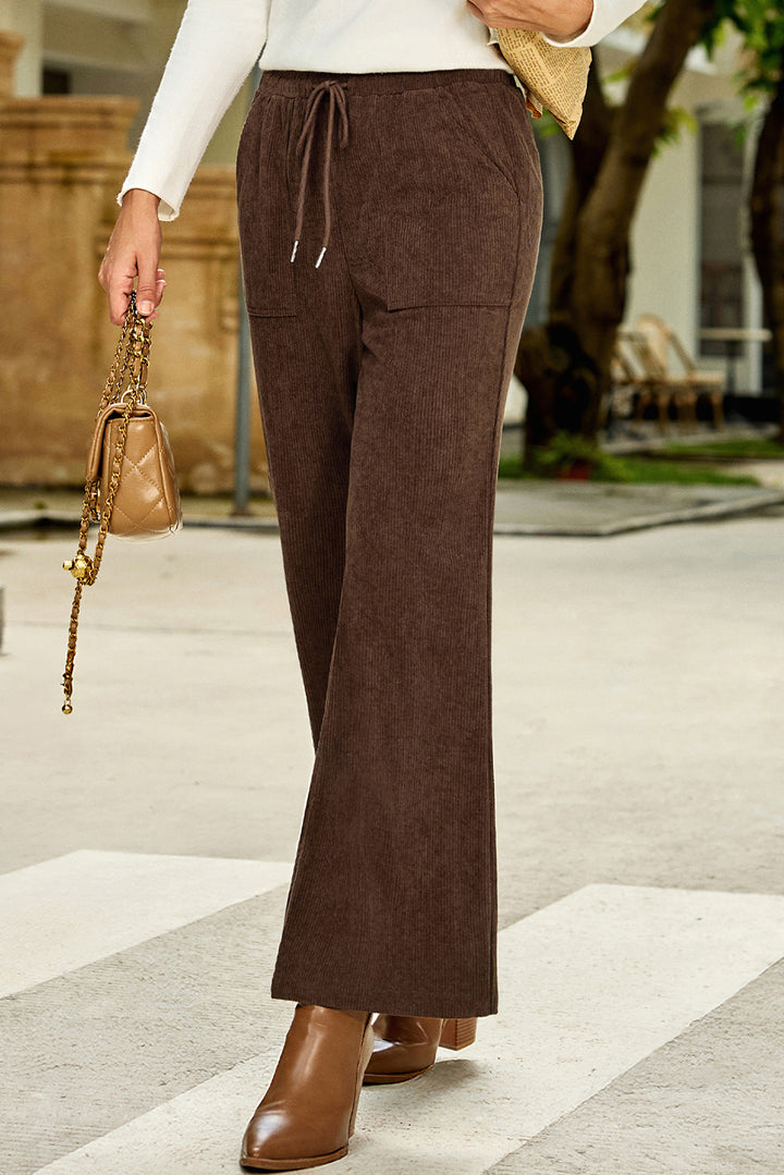 Coffee Tie Elastic Waist Soft Corduroy Pants
