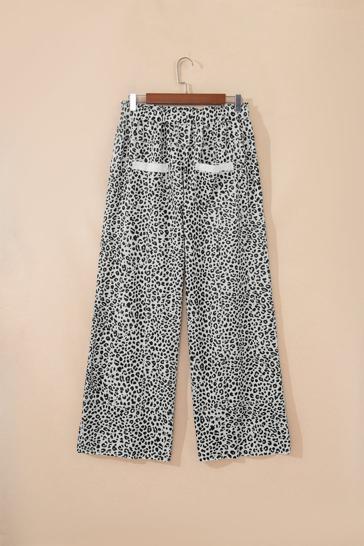 Gray Animal Print Wide Leg Terry Knit Pants