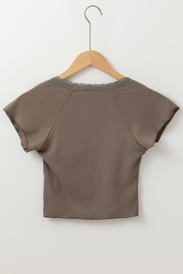 Lace Splicing Criss Cross Slim Fit V Neck T Shirt