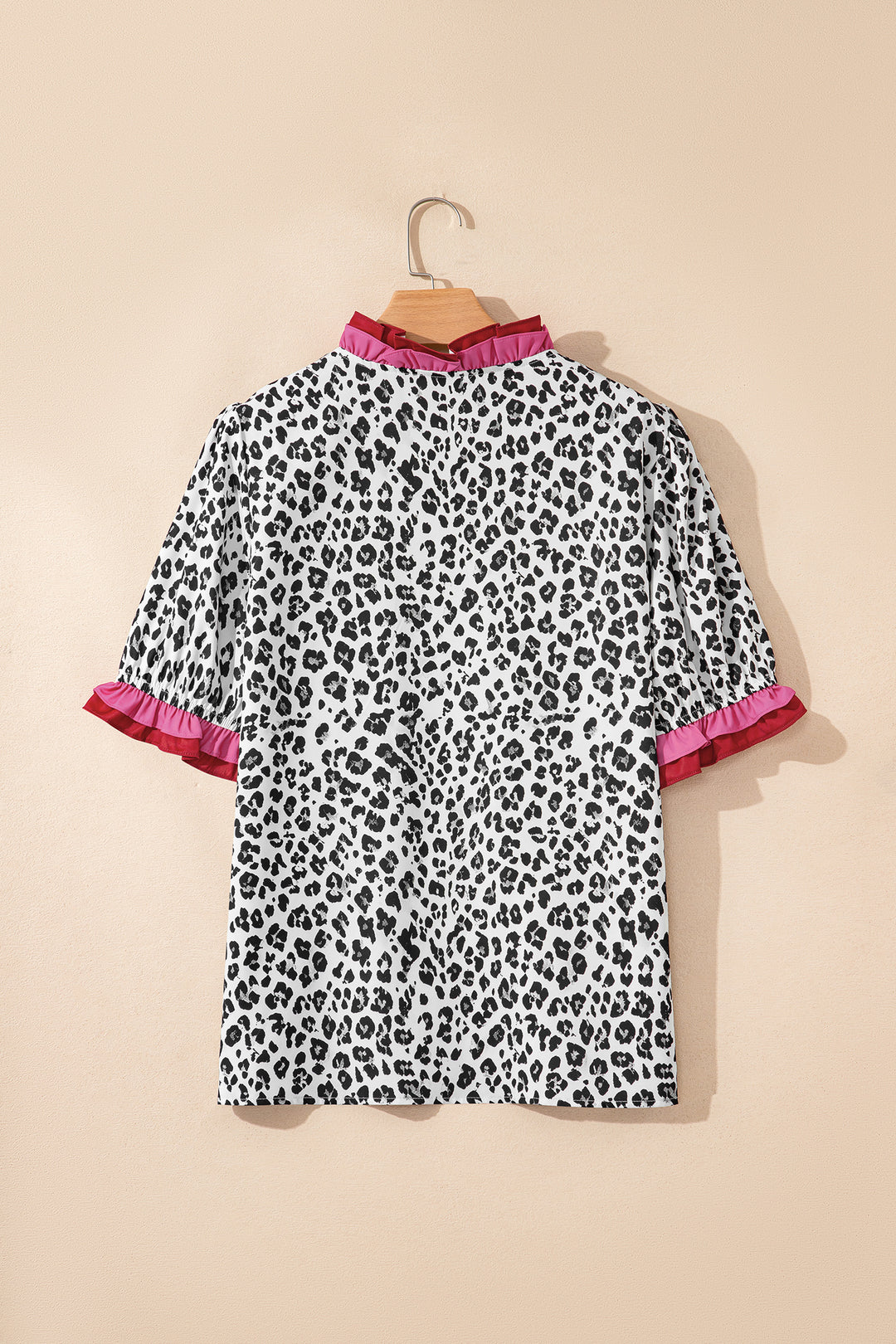 Gray Ruffled Trim V Neck Leopard Print Short Sleeve Blouse
