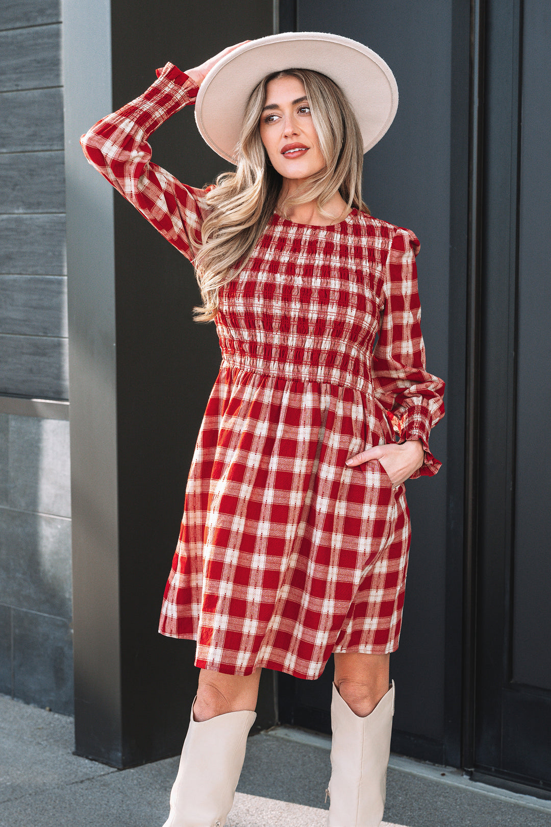 Plaid Print Smocked Puff Sleeve Mini Dress