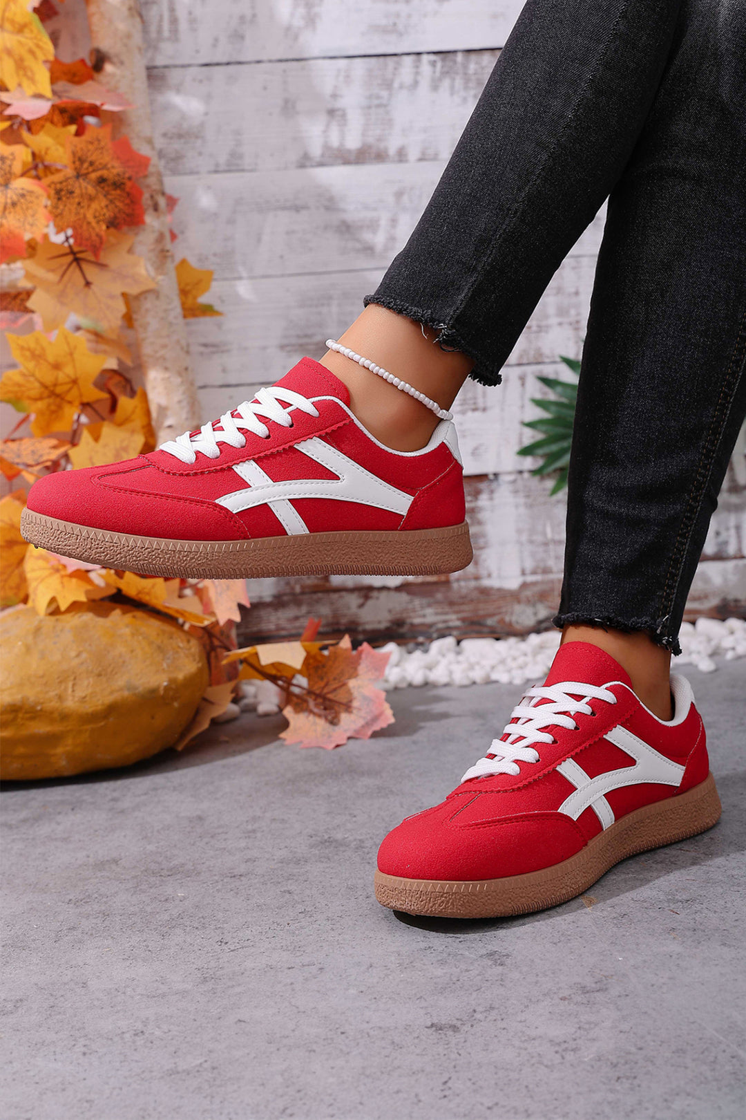 Faux Suede Contrast Patchwork Detail Lace Up Flat Sneakers