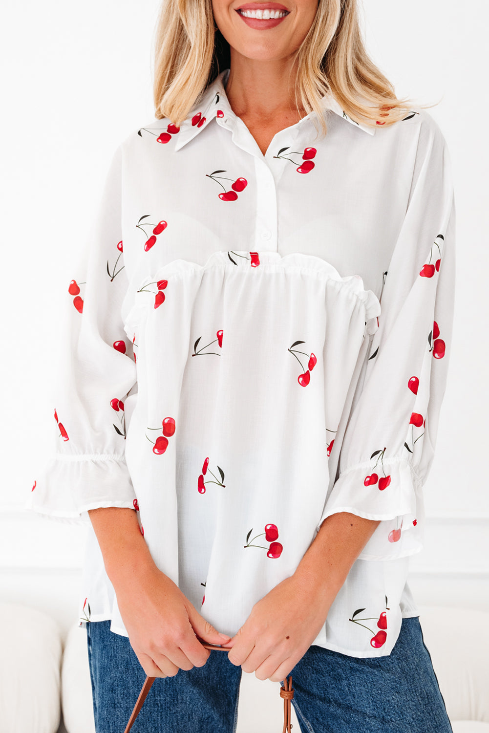 Cherry Print Flounce Sleeve Collared Frilled Babydoll Blouse