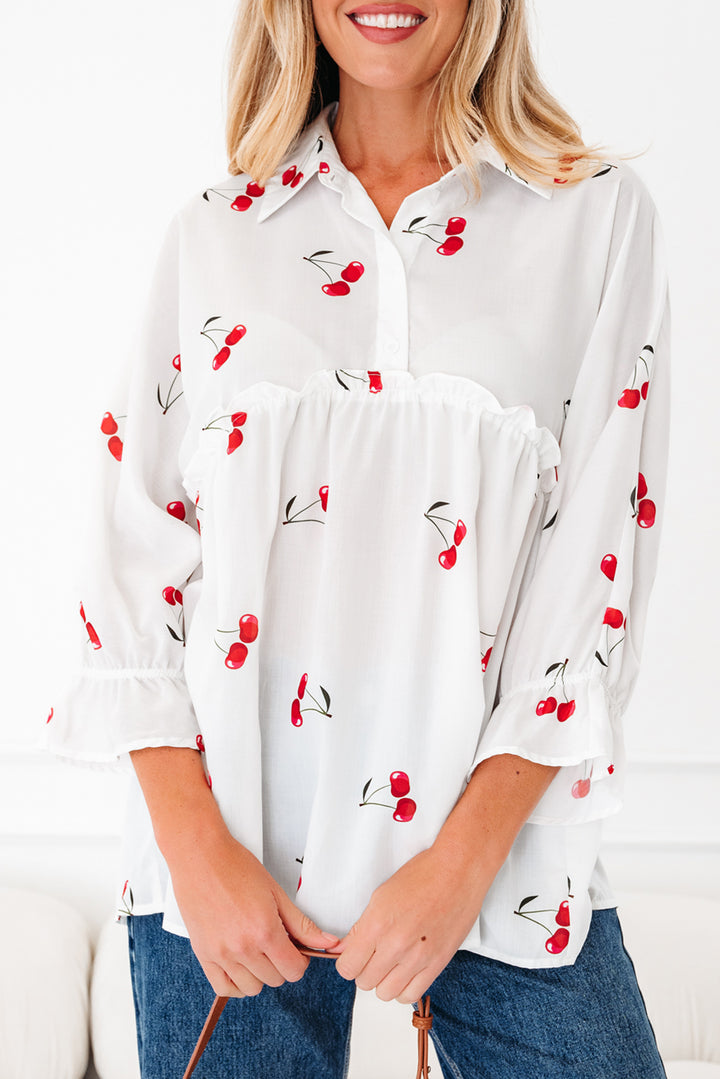 Cherry Print Flounce Sleeve Collared Frilled Babydoll Blouse