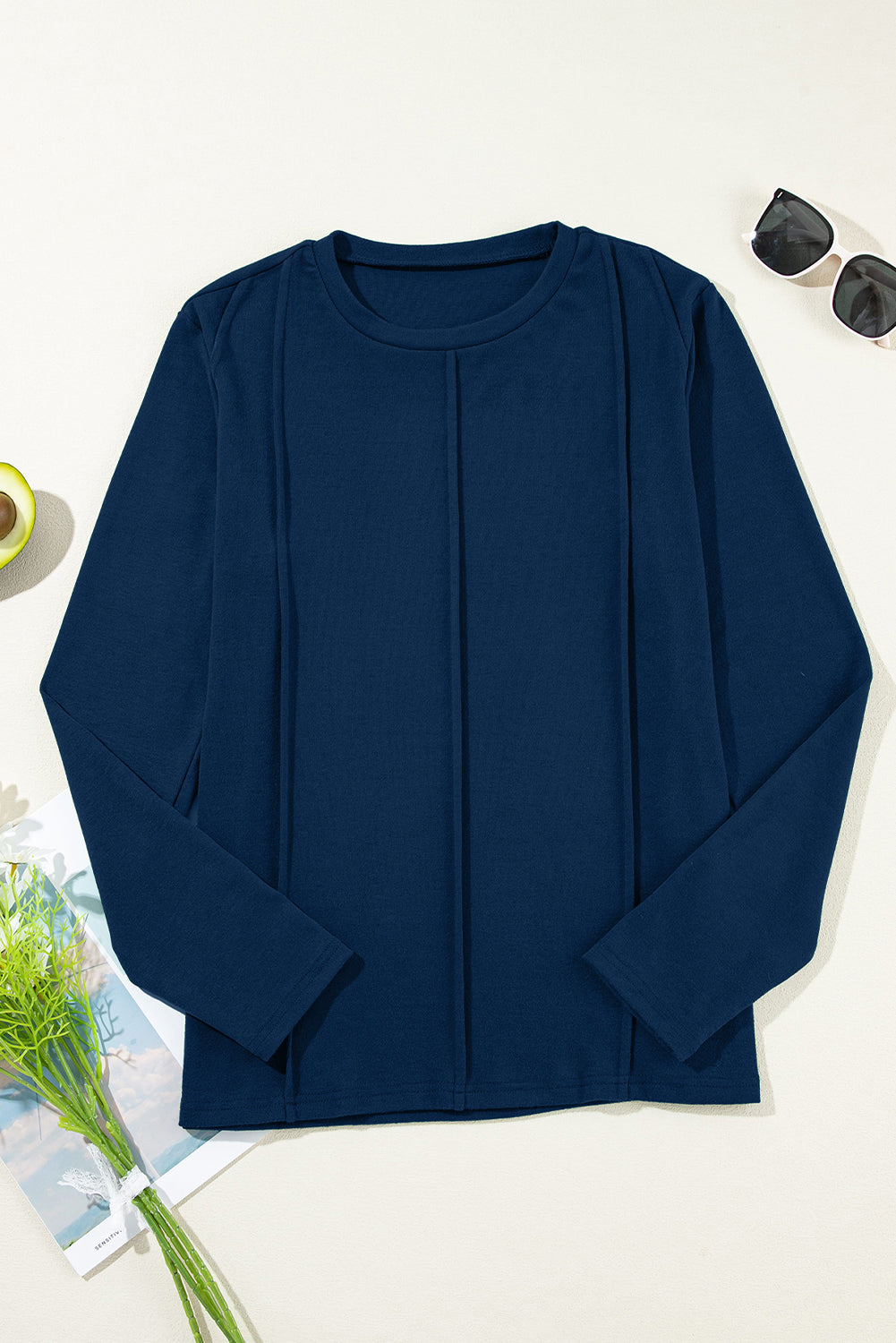 Navy Blue Solid Exposed Seam Crew Neck Long Sleeve Top