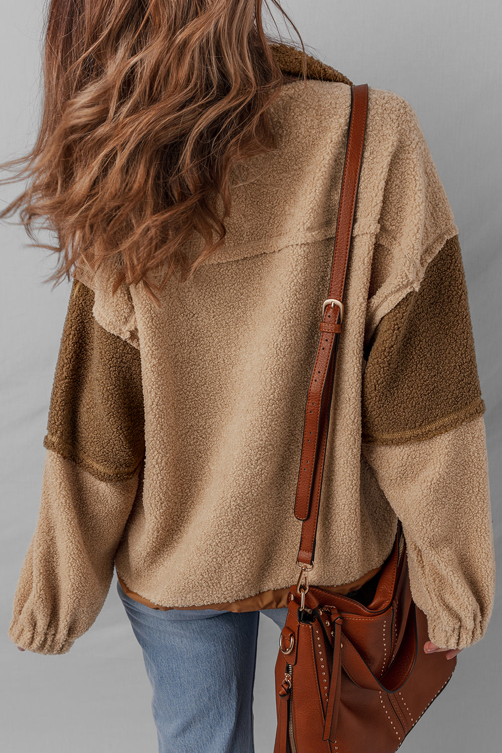 2-tone Color Block Patchwork Half Button Sherpa Sweatshirt