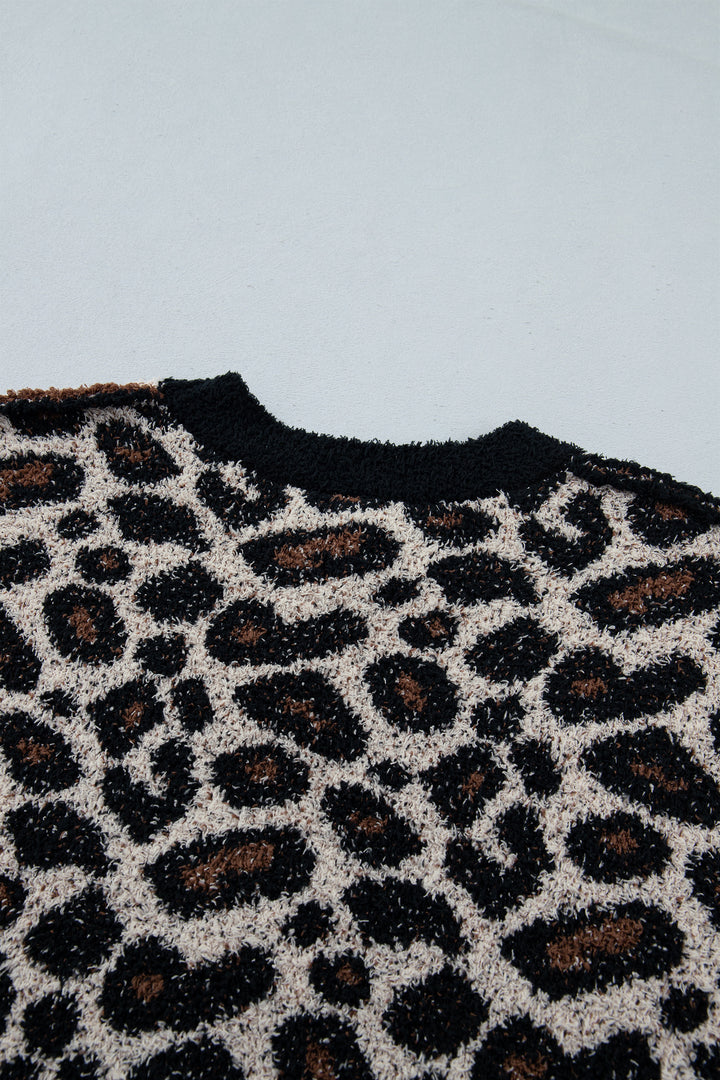 Smoke Gray Leopard Star Pattern Round Neck Long Sleeve Shift Sweater