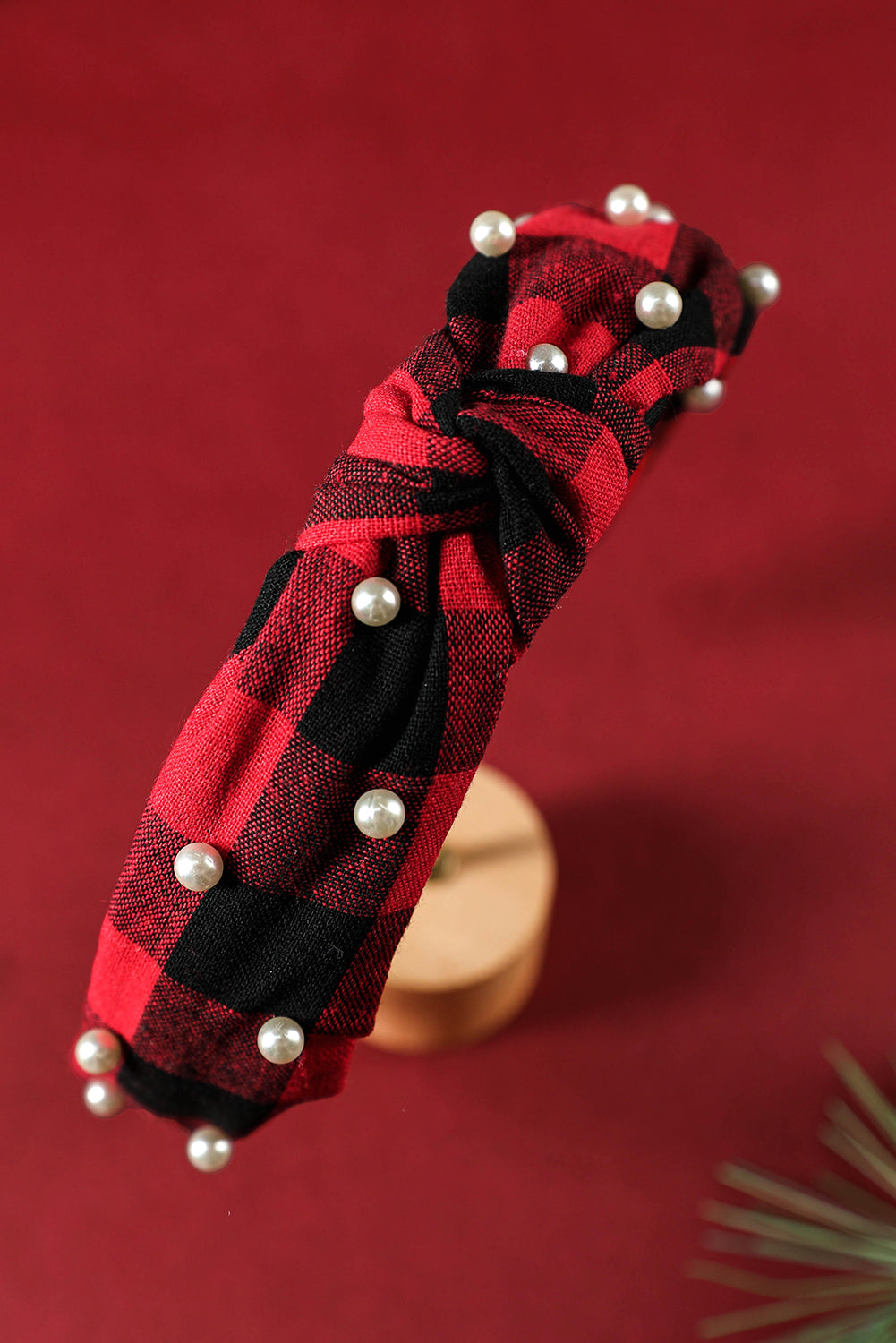Bandeau noué à carreaux de Noël avec décoration en perles